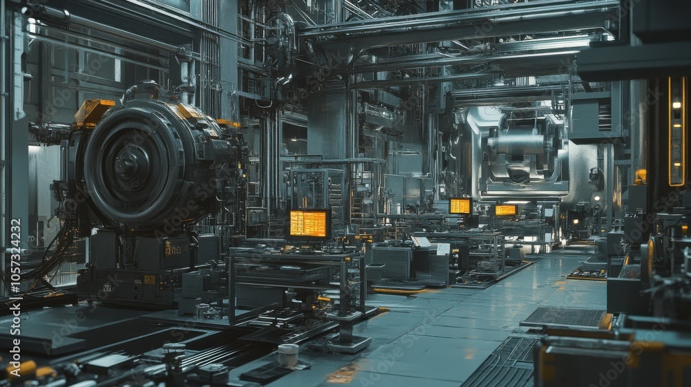 Poster a factory setting where engineers rely on advanced computer