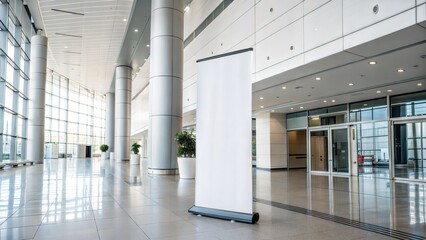 Blank roll-up banner stand in modern corporate lobby with bright natural light.