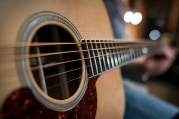 Fototapeta premium Acoustic guitar closeup, sound hole detail with blurred background