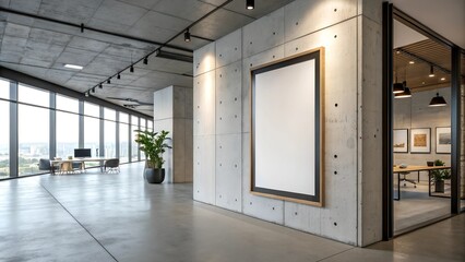 Empty mockup frame for art display in stylish modern office with spacious design.