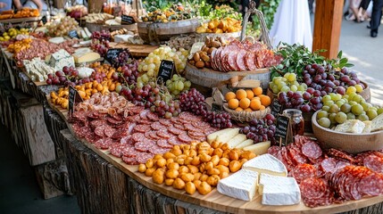 Obraz premium Grazing Table with Charcuterie : Stylish spread of charcuterie boards, cheeses, nuts, and fruits in a rustic setting