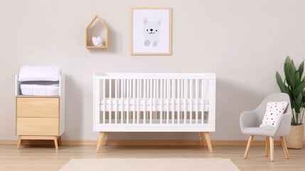 Interior design of a newborn baby room featuring chic furnishings and a cozy crib