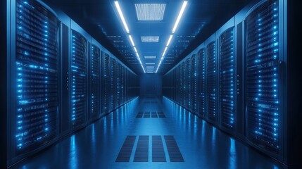 Modern data server room with glowing blue lights, futuristic technology infrastructure, secure data storage, server racks, cloud computing, data center, internet, technology, cybersecurity