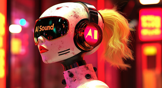 Avatar personaje virtual, AI geni mujer con cascos en la cabeza, escuchando m&uacute;sica, audio, sonidos, mu&ntilde;eca, pelo recogido, coleta larga, cabello blanco rubia, fondo rojizo, estridente, IA