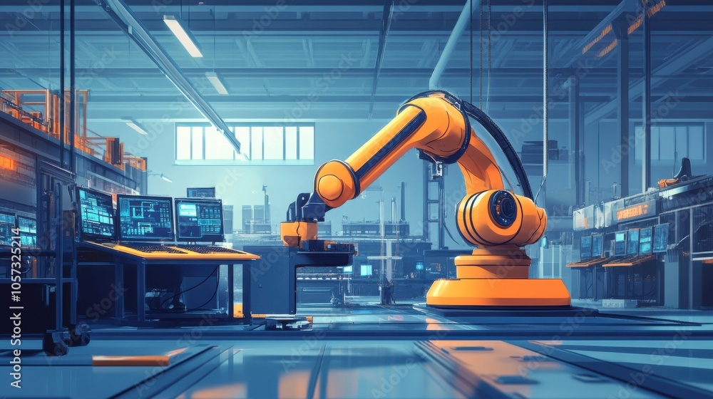 Poster a high-tech factory environment where engineers