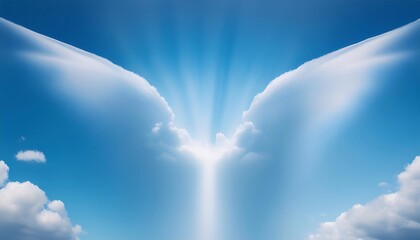 White wings of light - wings shape cloud providing a blue white calming blue background abstract