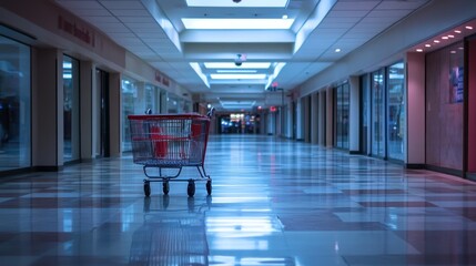 A lone shopping cart in an empty mall corridor, bathed in soft