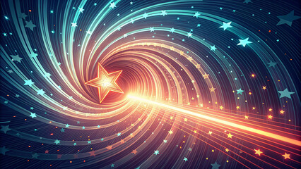 Vibrant, abstract digital art with a swirling star vortex. Dynamic, cosmic swirl with a bright, golden star.