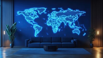 Futuristic world map glowing in modern office at night with city skyline. Digital technology, global business concept, high-tech workspace, illuminated interior, world connectivity, corporate 