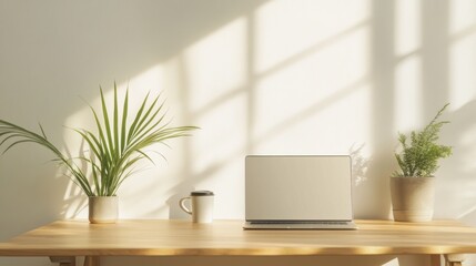 A minimalist home office setup with a laptop, coffee cup