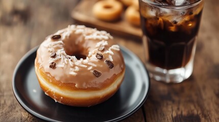 Chocolate glazed donut sits on a black plate next to a glass of iced coffee