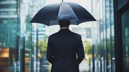 A man wearing a suit and holding an umbrella in a city