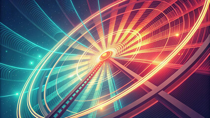 Futuristic, glowing vortex with a star and swirling lights. Abstract, digital art with a cosmic vortex and star.