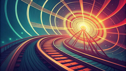Futuristic, glowing vortex with a star and swirling lights. Abstract, digital art with a cosmic vortex and star.