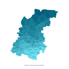 Vector isolated illustration with authors vision of simplified administrative map of Nizhny Novgorod Oblast in Russia. Borders of the districts and urban okrugs. Blue silhouettes. White outline.