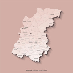 Vector illustration with authors vision of simplified administrative map of Nizhny Novgorod Oblast in Russia. Borders of districts, urban okrugs. Beige silhouettes on brown background.