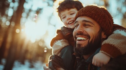 A father shares a joyful moment with his son on his shoulders, surrounded by the beautiful setting of a woodland area during a sunny day, fostering bonds.