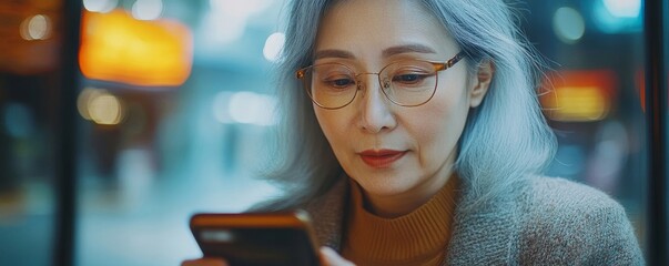Mature asian woman have eyesight focus problem during reading text in mobile phone, Generative AI