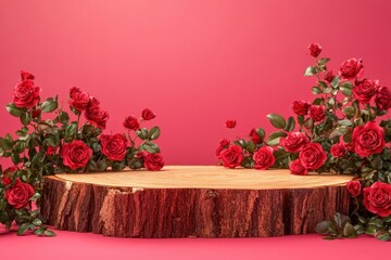 Fototapeta premium Wood podium saw cut of tree decorated with red roses on vivid magenta background. Concept scene stage showcase, product. Trendy color 2025 with generative ai