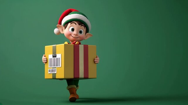 Christmas elf delivery worker holding a large gift box with barcode on green background. Concept of holiday gift shipping and Santa's helpers.