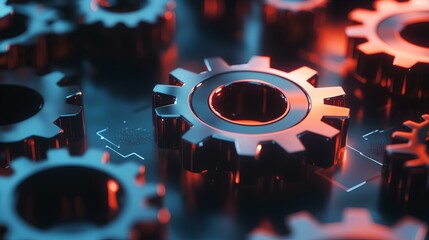 A close-up view of metallic gears intertwined on a surface, illuminated with a blue and orange glow, showcasing intricate details and mechanical design.