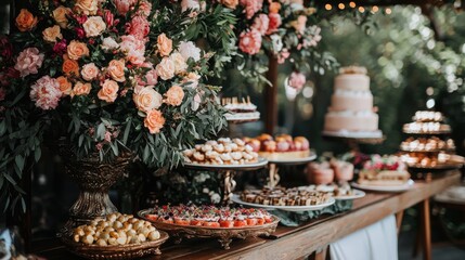 Fototapeta premium Capture a luxurious wedding buffet with beautiful floral decorations and gourmet platters