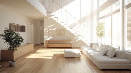 A modern living room with a white staircase, wooden floors