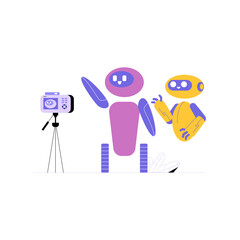 Two Robots Posing for a Photo in Flat Vector Illustration Symbolizing AI Interaction, Technology, and Robotics, Isolated on White Background.