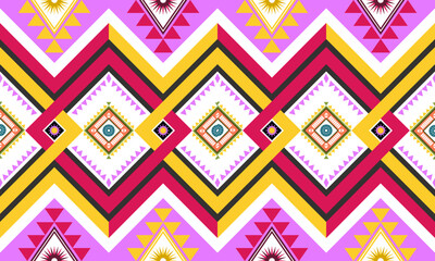 The artwork features a vibrant and colorful geometric pattern in the background. The design consists of various shapes like triangles, diamonds, and sunburst patterns in bright colors including pink, 