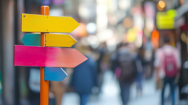 A colorful directional signpost stands in a bustling street, guiding pedestrians amidst a blurred backdrop of people and shops.