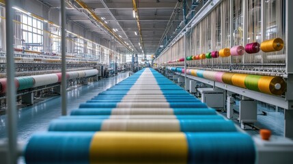 A modern textile factory with clean, organized workstations,
