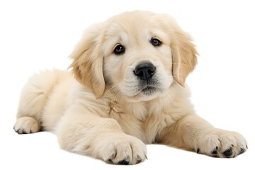 Obraz premium Golden Retriever Puppy Relaxing on a White Blanket