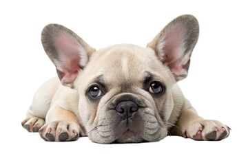 Obraz premium Adorable Fluffy French Bulldog Puppy Lying on a White Background