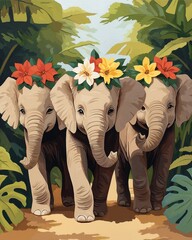 Three charming elephants adorned with colorful floral crowns stroll through lush greenery, radiating joy in a vibrant natural setting.