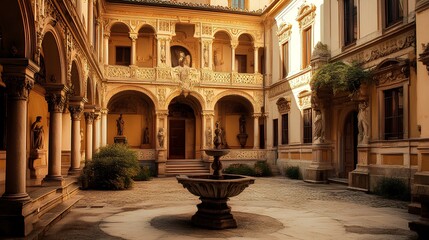 A beautiful courtyard featuring ornate architecture, columns, a fountain, and decorative stonework, bathed in warm sunlight.