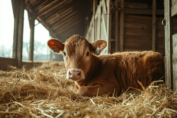 Fototapeta premium calf lying in straw inside dairy farm in the barn
