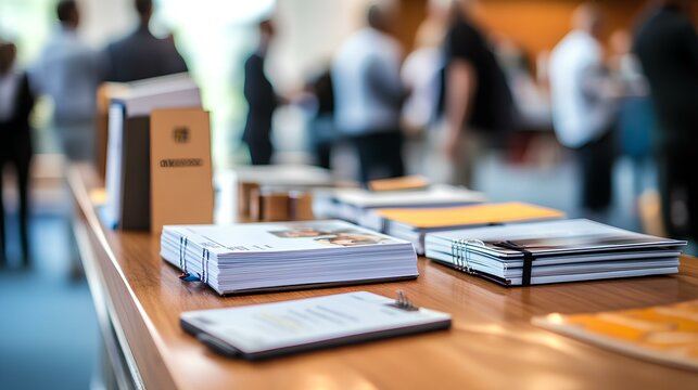 A collection of brochures and magazines on a table, with people networking in the background at a conference or event.