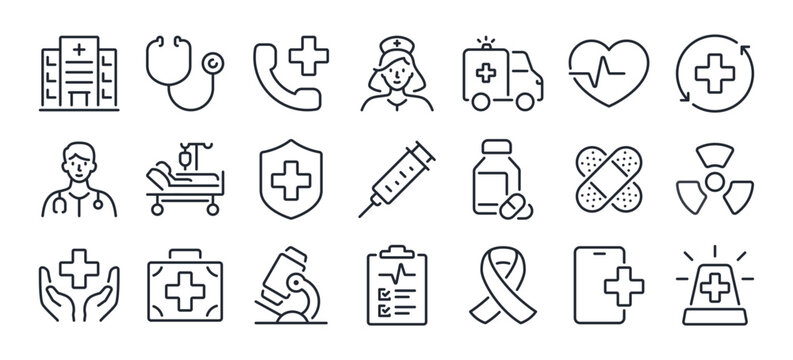 Hospital and medical health care editable stroke outline icons set isolated on white background flat vector illustration. Pixel perfect. 64 x 64.