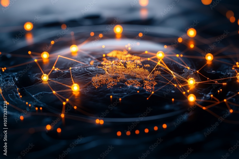 Poster a digital map layered with glowing points and network lines illustrates modern connectivity and data