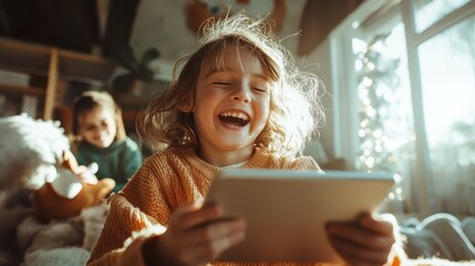 A child beams with laughter while holding a tablet in a sunlit room, capturing the essence of childhood joy and the fascination with technology in a cozy environment.