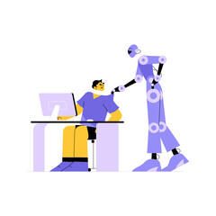 Robot Hand On Office Workers Shoulder In Flat Vector Illustration Symbolizing AI Job Assistance, Automation, And Human Machine Collaboration, Isolated On White Background