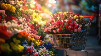 A shopping cart beside a display of fresh flowers,