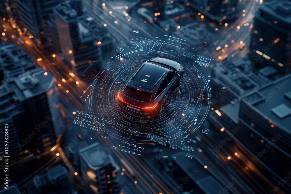 Poster a high-tech car navigates through an illuminated urban environment with abstract digital overlays, r