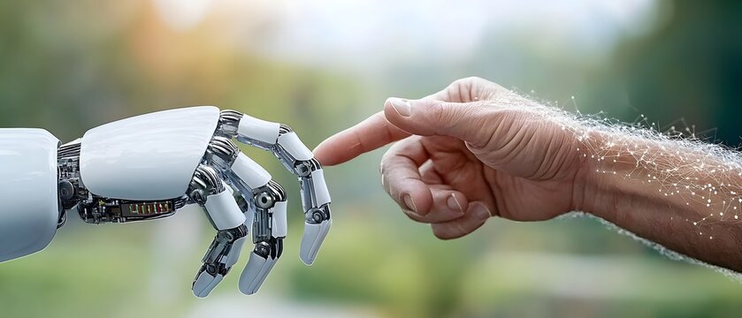 Robot and human hands reaching out and connecting through global data streams symbolizing the of intelligence machine learning and internet science in a futuristic innovative