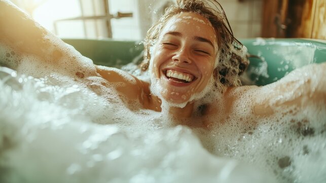 A woman with wet, bubbly hair is joyfully relaxing in a bathtub filled with foam, smiling with her eyes closed, creating a sense of relaxation and bliss. - Powered by Adobe