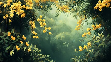 A serene forest scene framed by vibrant yellow flowers, surrounded by lush greenery and a misty background, evoking tranquility and natural beauty.