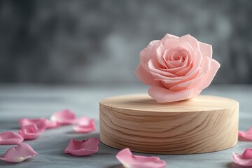 Wooden podium with pink rose and petals to demonstrate products, cosmetics and gifts. Valentine, mother day and women day concept with generative ai