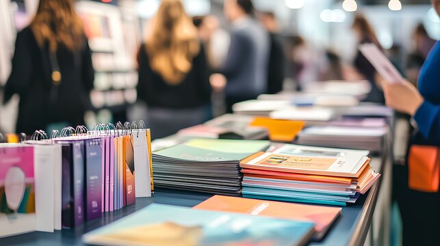 A vibrant display of colorful stationery and printed materials at a busy event, with people engaging in the background.