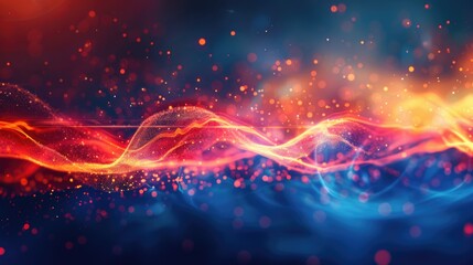 Vibrant glowing light effects of red and orange on a dark blue abstract background.