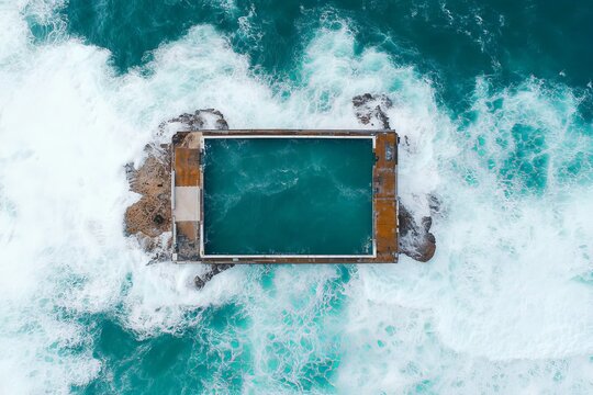 Aerial depiction of a constructed ocean pool seamlessly blending with surrounding oceanic waves, displaying human ingenuity harmonizing with natural forces.